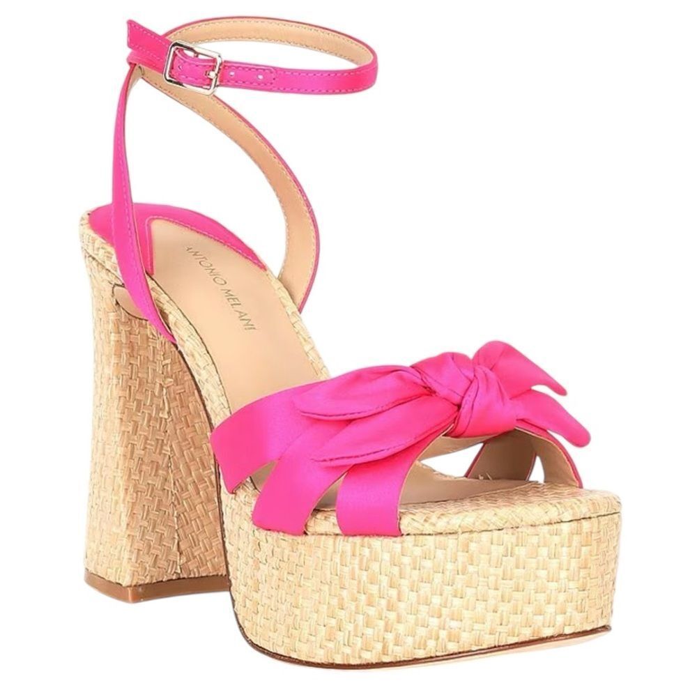 🌟 Antonio Melani BINDI Hot Pink Satin Bow Raffia Platform Sandals